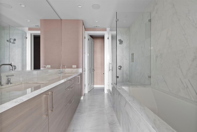 2047 Westcreek Ln Unit 1105, Houston, TX 77027 - full bathroom featuring a garden tub, a marble finish shower, double vanity, marble finish floors, and recessed lighting