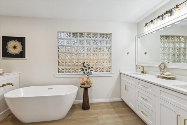 3012 Monument Dr, Round Rock, TX 78681 - bathroom featuring wood finished floors, double vanity, a freestanding bath, and healthy amount of natural light
