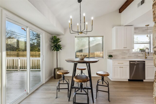 3012 Monument Dr, Round Rock, TX 78681 - kitchen featuring stainless steel dishwasher, a sink, a chandelier, white cabinetry, and decorative backsplash