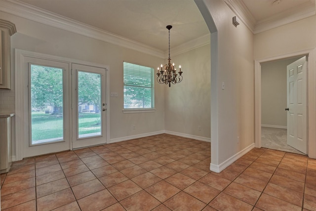 6978 Gentle Breeze Dr, Willis, TX 77318 - unfurnished dining area featuring arched walkways, light tile patterned floors, crown molding, a chandelier, and baseboards