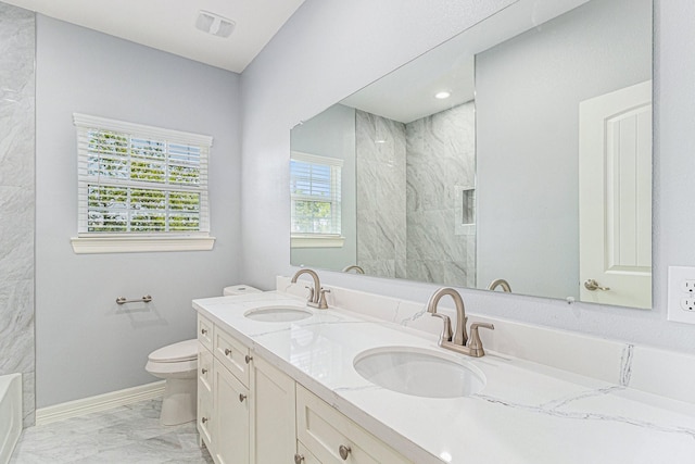 4801 Marquita Ln, Houston, TX 77039 - full bath with marble look tiles, double vanity, a marble finish shower, and a bathtub