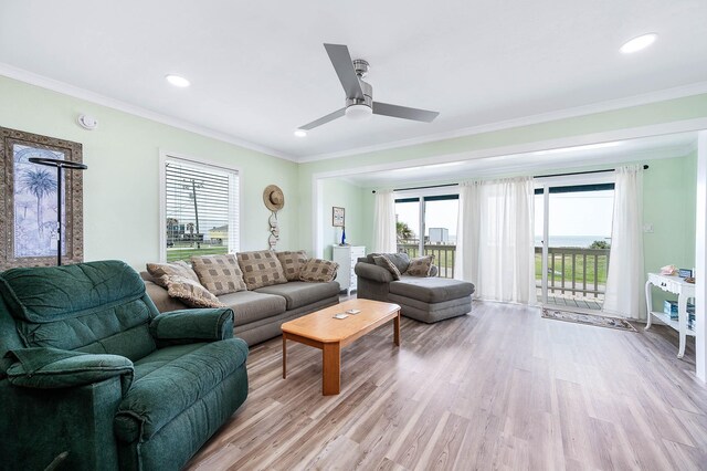 1331 County Road 230, Sargent, TX 77414 - living area featuring crown molding, light wood-type flooring, ceiling fan, and recessed lighting