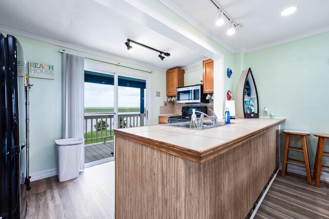 1331 County Road 230, Sargent, TX 77414 - kitchen featuring stainless steel microwave, track lighting, tile counters, a sink, and light wood-style flooring