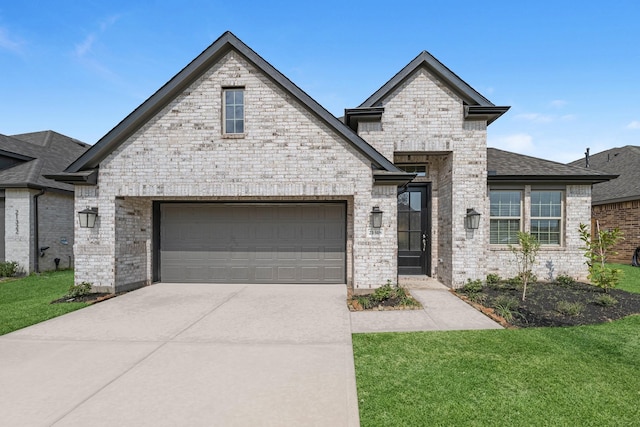 21318 Oakley Claremont Ct, Magnolia, TX 77355 - french country home with concrete driveway, a front lawn, and brick siding