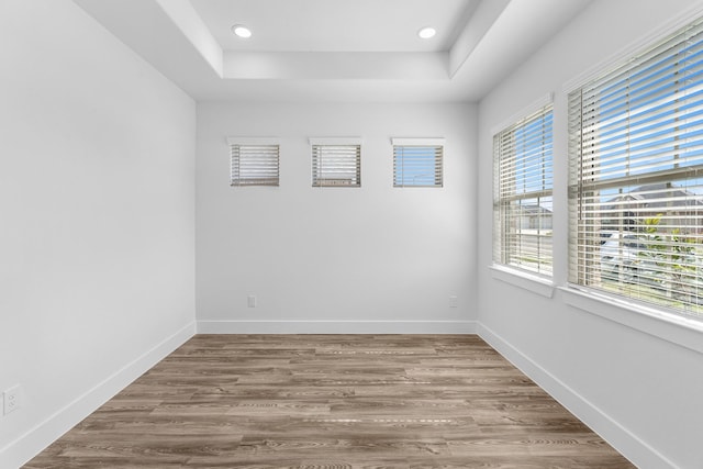 21318 Oakley Claremont Ct, Magnolia, TX 77355 - spare room with a tray ceiling, wood finished floors, recessed lighting, and baseboards