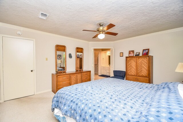 8028 Oakwood Forest Dr, Houston, TX 77040 - bedroom featuring light colored carpet, crown molding, a textured ceiling, and ceiling fan