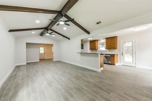 9096 N Comanche Cir, Willis, TX 77378 - unfurnished living room featuring recessed lighting, ceiling fan, baseboards, light wood-type flooring, and a sink