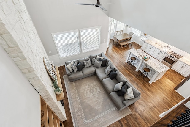 1935 Invermere Dr, Spring, TX 77386 - living room featuring wood finished floors, ceiling fan, a towering ceiling, and plenty of natural light
