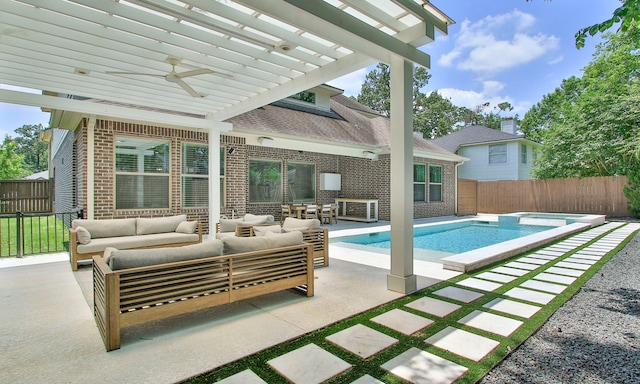1935 Invermere Dr, Spring, TX 77386 - view of pool featuring outdoor lounge area, a fenced backyard, ceiling fan, a patio, and a pool with connected hot tub