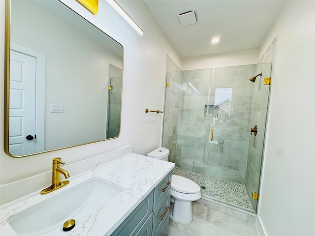 1307 71st St Unit A, Houston, TX 77011 - full bathroom featuring vanity, a shower stall, marble look tiles, and recessed lighting