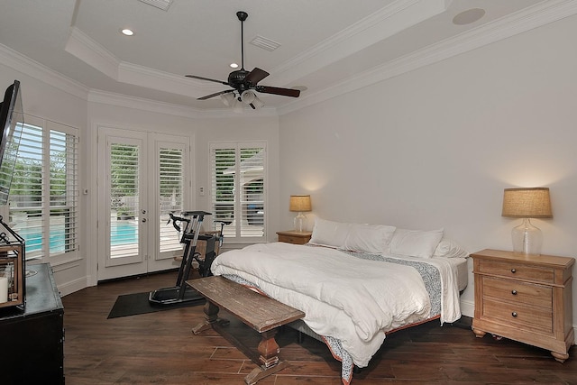 7 Spindrift Pl, The Woodlands, TX 77381 - bedroom featuring a raised ceiling, dark wood-style flooring, crown molding, access to outside, and french doors