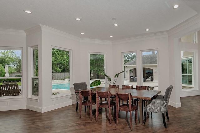 7 Spindrift Pl, The Woodlands, TX 77381 - dining room featuring dark wood-type flooring, baseboards, crown molding, and recessed lighting
