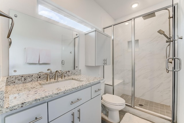 1002 Royal Lakes Manor Blvd, Richmond, TX 77469 - bathroom featuring a shower stall, vanity, toilet, and recessed lighting