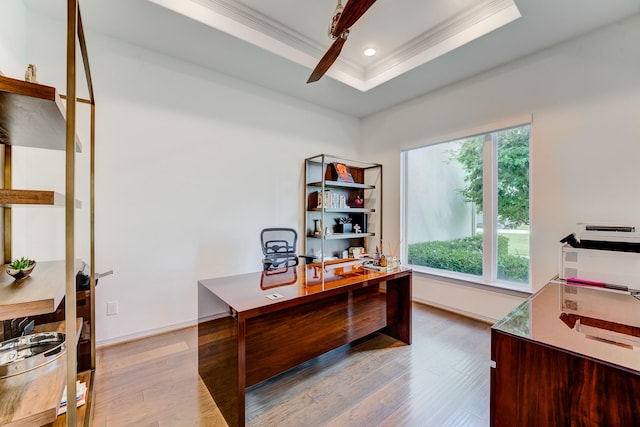 1002 Royal Lakes Manor Blvd, Richmond, TX 77469 - office area with a ceiling fan, wood finished floors, ornamental molding, a raised ceiling, and recessed lighting