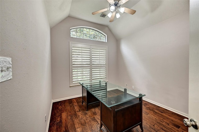 21814 Canton Pass Ln, Katy, TX 77450 - office space with vaulted ceiling, a ceiling fan, dark wood-style flooring, and baseboards