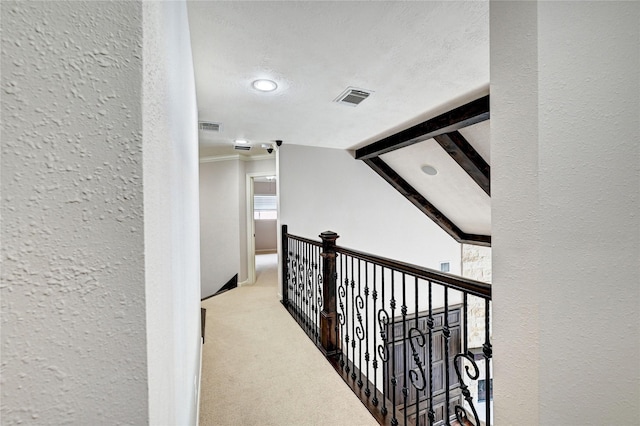 21814 Canton Pass Ln, Katy, TX 77450 - corridor with a textured wall, carpet, recessed lighting, crown molding, and lofted ceiling