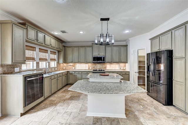 21814 Canton Pass Ln, Katy, TX 77450 - kitchen featuring stainless steel appliances, a sink, a kitchen island, crown molding, and backsplash