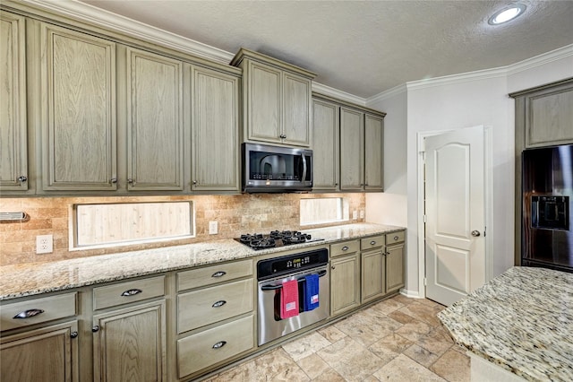 21814 Canton Pass Ln, Katy, TX 77450 - kitchen with black appliances, crown molding, tasteful backsplash, light stone countertops, and light stone finish flooring