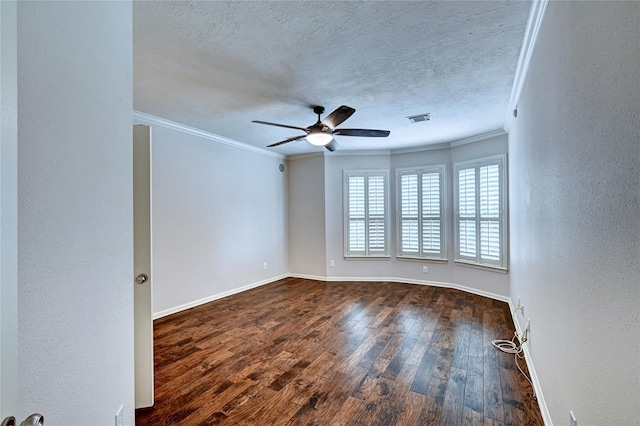 21814 Canton Pass Ln, Katy, TX 77450 - unfurnished room with crown molding, dark wood-type flooring, a ceiling fan, baseboards, and a textured ceiling