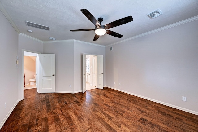 21814 Canton Pass Ln, Katy, TX 77450 - unfurnished bedroom featuring wood finished floors, ornamental molding, baseboards, ensuite bath, and ceiling fan