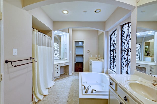 21814 Canton Pass Ln, Katy, TX 77450 - full bathroom with tile patterned flooring, a whirlpool tub, two vanities, and a shower with curtain