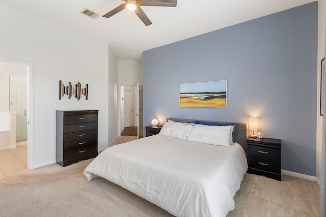4613 Meridian Park Dr, Pearland, TX 77584 - bedroom featuring light colored carpet, baseboards, connected bathroom, a ceiling fan, and vaulted ceiling