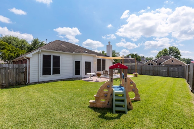 4613 Meridian Park Dr, Pearland, TX 77584 - rear view of house with a patio and a chimney