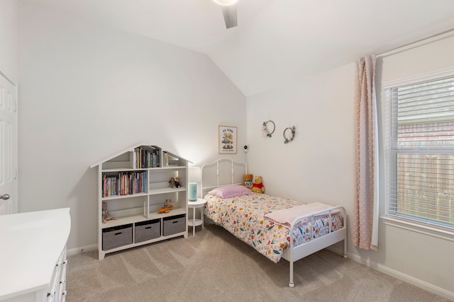 4613 Meridian Park Dr, Pearland, TX 77584 - bedroom with light colored carpet, lofted ceiling, a ceiling fan, and baseboards