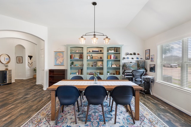 4613 Meridian Park Dr, Pearland, TX 77584 - dining area with wood finished floors, arched walkways, baseboards, and lofted ceiling