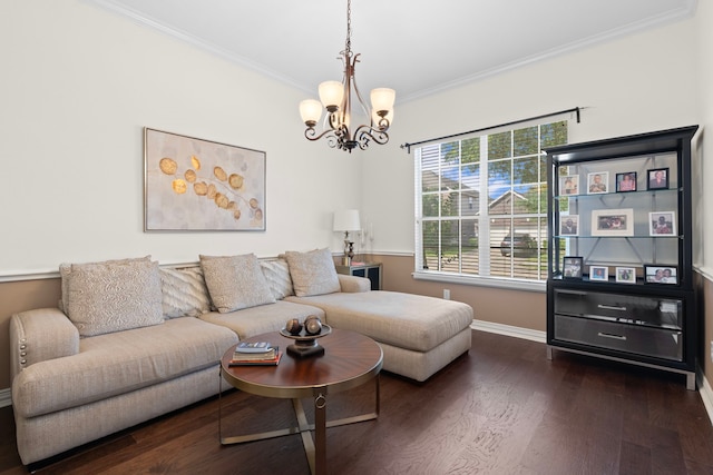 24914 Hazel Ranch Dr, Katy, TX 77494 - living room featuring crown molding, a chandelier, baseboards, and wood finished floors