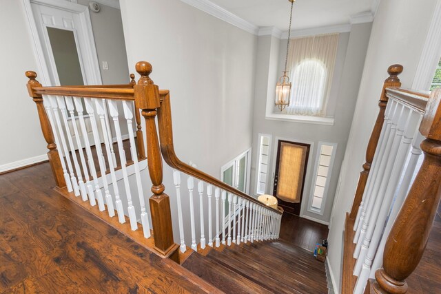 548 Cascade St, Bellaire, TX 77401 - entrance foyer featuring wood finished floors, a chandelier, crown molding, and baseboards