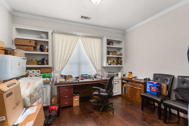 548 Cascade St, Bellaire, TX 77401 - home office with crown molding, dark wood-style flooring, and built in study area