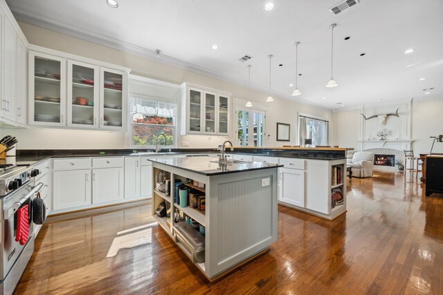 940 Columbia St, Houston, TX 77008 - kitchen featuring high end stainless steel range oven, dark countertops, open shelves, ornamental molding, and a sink