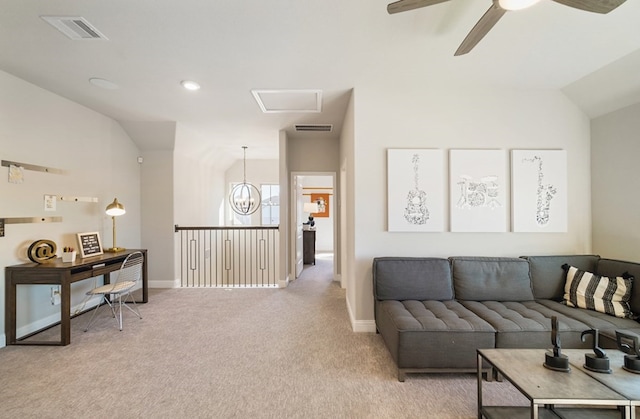 19318 Stagecoach Breeze Ln, Tomball, TX 77377 - living area featuring vaulted ceiling, light colored carpet, ceiling fan, and baseboards