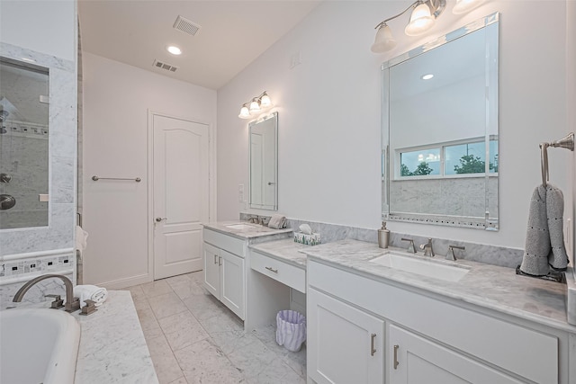 1035 Herkimer St, Houston, TX 77008 - full bath featuring double vanity, marble look tile flooring, a bath, tiled shower, and recessed lighting