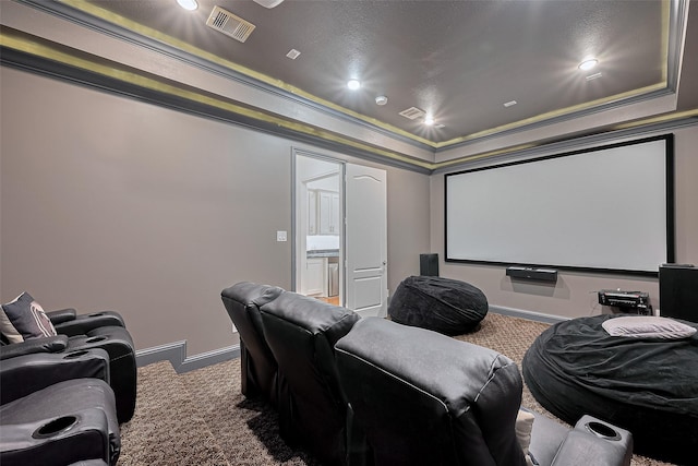 1035 Herkimer St, Houston, TX 77008 - home theater featuring carpet, baseboards, and a tray ceiling
