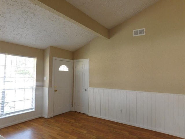 17002 Rippling Mill Dr, Sugar Land, TX 77498 - foyer featuring a textured ceiling, wood finished floors, lofted ceiling, a wainscoted wall, and healthy amount of natural light