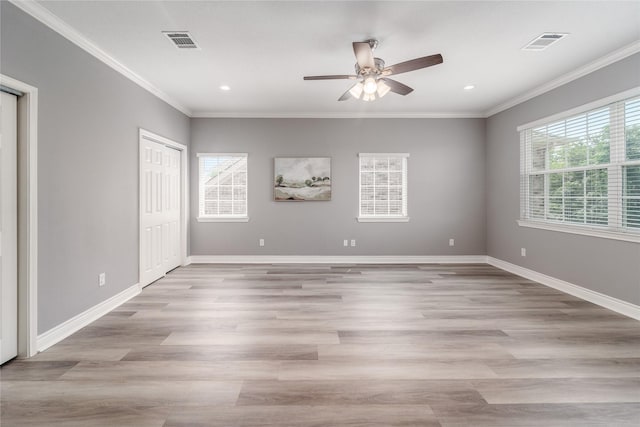 14619 Sanour Dr, Houston, TX 77084 - unfurnished bedroom with recessed lighting, ornamental molding, light wood-style floors, baseboards, and a ceiling fan
