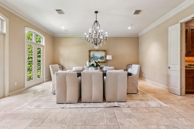 4922 Linden St, Bellaire, TX 77401 - dining space with stone tile floors, a chandelier, ornamental molding, baseboards, and recessed lighting