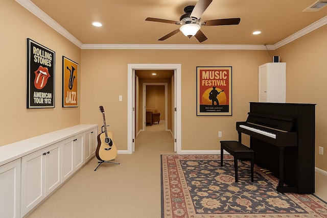 4922 Linden St, Bellaire, TX 77401 - living area with ceiling fan, light carpet, recessed lighting, ornamental molding, and baseboards