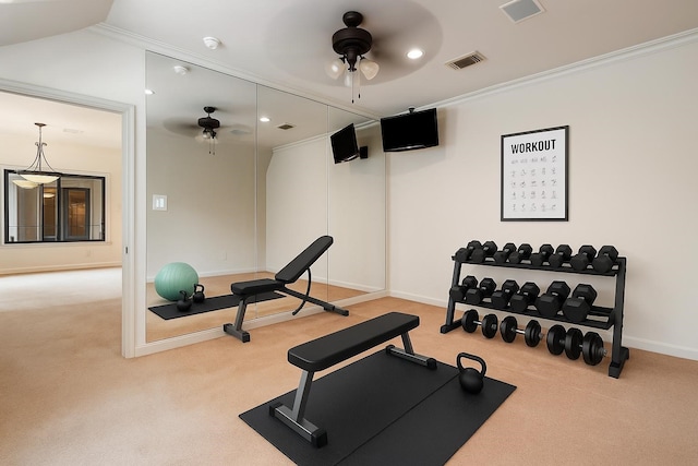 4922 Linden St, Bellaire, TX 77401 - exercise area with a ceiling fan, carpet floors, crown molding, baseboards, and recessed lighting