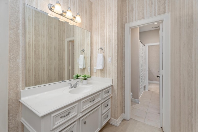 15222 Hilltop View Dr, Cypress, TX 77429 - bathroom with vanity, wallpapered walls, tile patterned flooring, and a shower with curtain