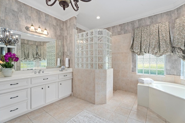 15222 Hilltop View Dr, Cypress, TX 77429 - bathroom with a chandelier, tile walls, crown molding, vanity, and tile patterned floors