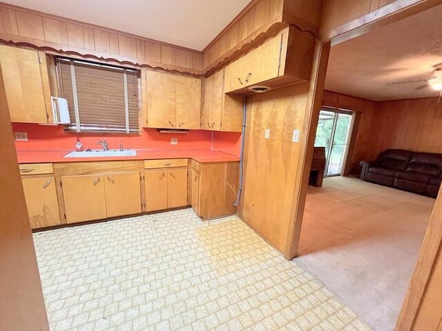 302 Cordell Dr, Crockett, TX 75835 - kitchen featuring a sink, open floor plan, light countertops, and wood walls