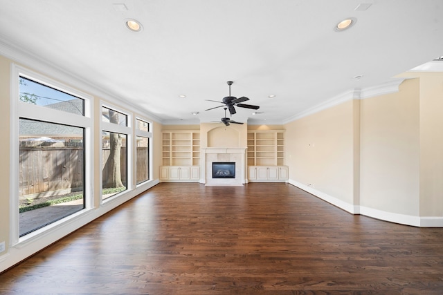 4628 Beech St, Bellaire, TX 77401 - unfurnished living room featuring a ceiling fan, ornamental molding, recessed lighting, a fireplace, and baseboards