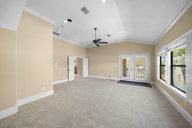 4628 Beech St, Bellaire, TX 77401 - unfurnished living room with french doors, crown molding, carpet flooring, lofted ceiling, and recessed lighting