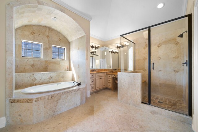 4628 Beech St, Bellaire, TX 77401 - bathroom featuring vanity, a bath, a shower stall, and ornamental molding