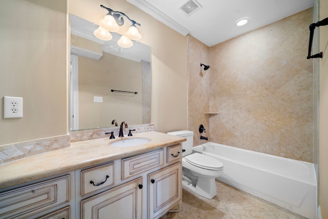 4628 Beech St, Bellaire, TX 77401 - bathroom with toilet, vanity,  shower combination, and crown molding