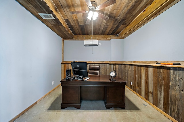 3525 N Morning Glory Dr, Santa Fe, TX 77517 - office space featuring wood ceiling, finished concrete flooring, a ceiling fan, an AC wall unit, and baseboards
