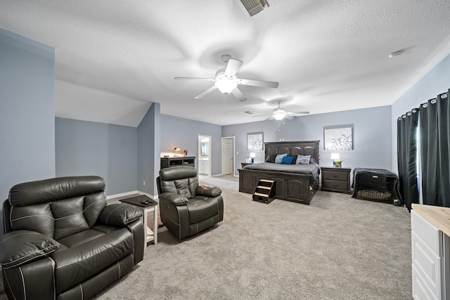 3525 N Morning Glory Dr, Santa Fe, TX 77517 - bedroom with light carpet, a textured ceiling, and ceiling fan